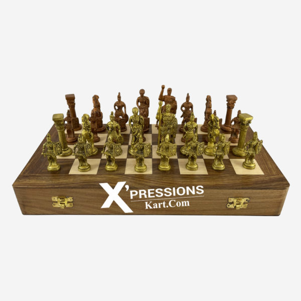 Roman Brass Chess Set With Wooden Board Superfine Carving