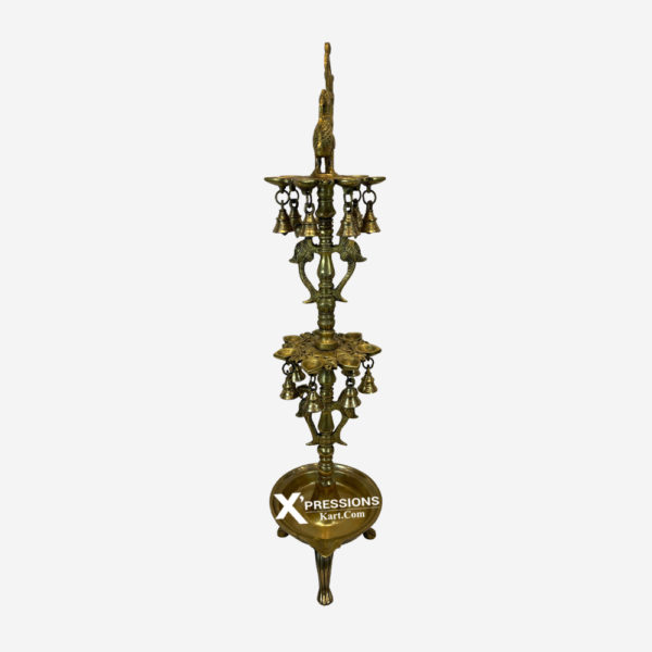 Brass Pedestal Peacock Oil Lamp 30 Inches With Bell Hangings